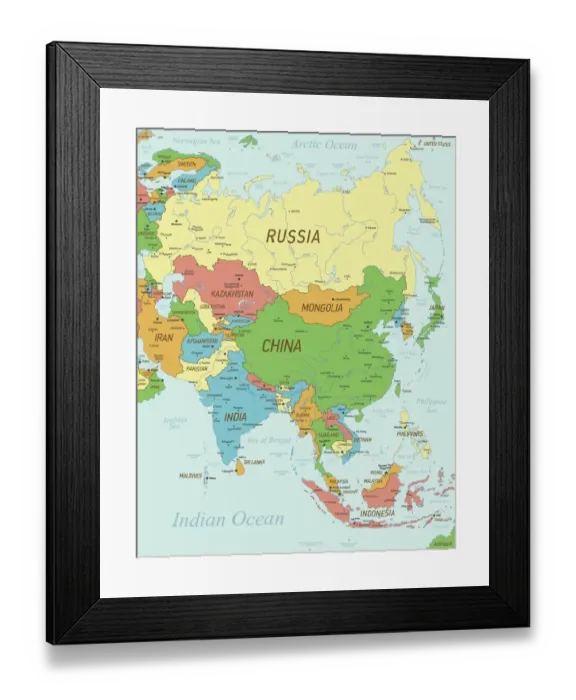 Framed Print : Asia Map with national borders and rivers Framed Print : Asia Map with national borders and rivers