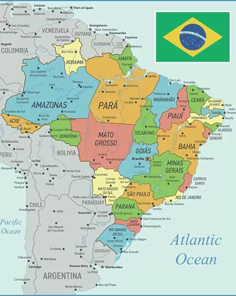 Brazil Map with Rivers and National Flag