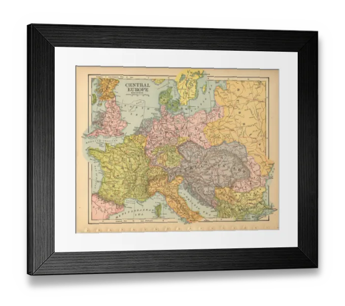 Framed Print : Central Europe Antique Victorian Engraved Colored Map, 1899 Framed Print : Central Europe Antique Victorian Engraved Colored Map, 1899