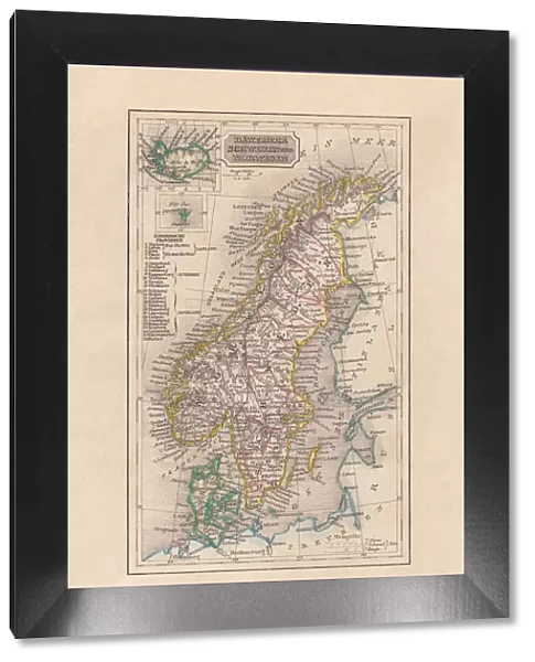 Old map of Scandinavia and Iceland, steel engraving, published 1857