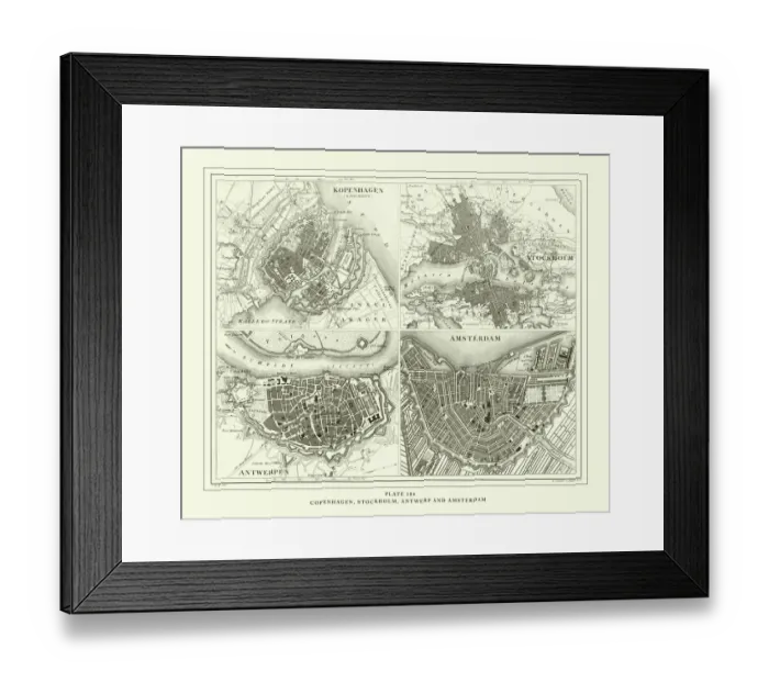 Framed Print : Engraved Antique, Copenhagen, Stockholm, Antwerp and Amsterdam Engraving Antique Illustration Framed Print : Engraved Antique, Copenhagen, Stockholm, Antwerp and Amsterdam Engraving Antique Illustration
