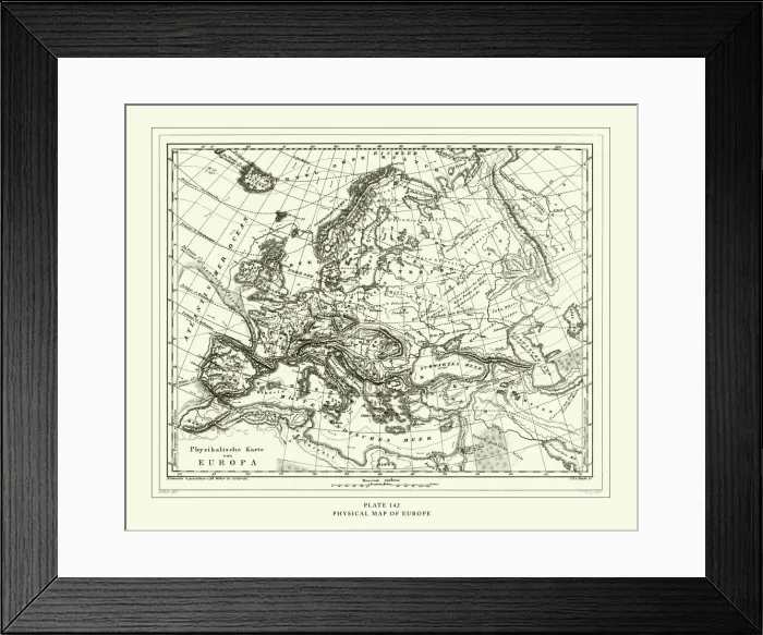 Framed Print : Engraved Antique, Physical Map of Europe Engraving Antique Illustration, Published 1851 Framed Print : Engraved Antique, Physical Map of Europe Engraving Antique Illustration, Published 1851