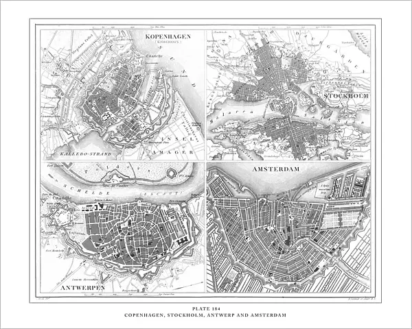 Copenhagen, Stockholm, Antwerp and Amsterdam Engraving Antique Illustration, Published