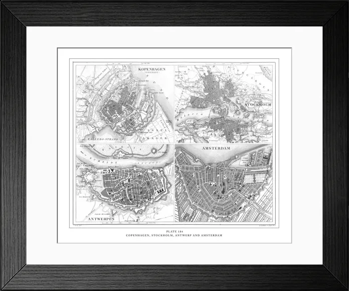 Framed Print : Copenhagen, Stockholm, Antwerp and Amsterdam Engraving Antique Illustration, Published Framed Print : Copenhagen, Stockholm, Antwerp and Amsterdam Engraving Antique Illustration, Published