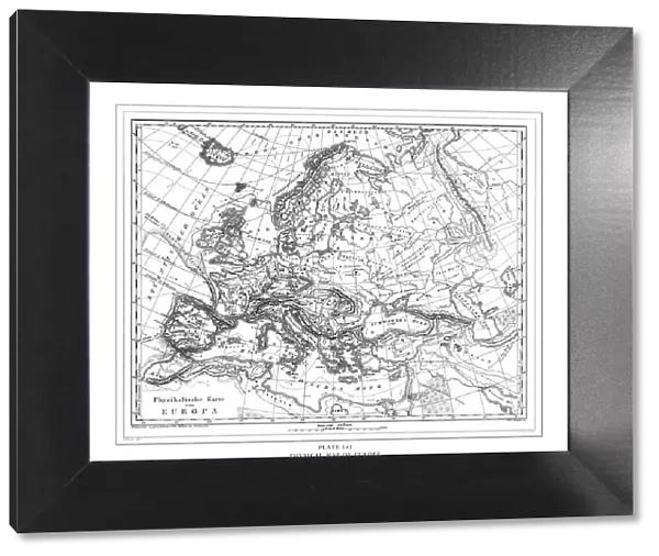 Physical Map of Europe Engraving Antique Illustration, Published 1851