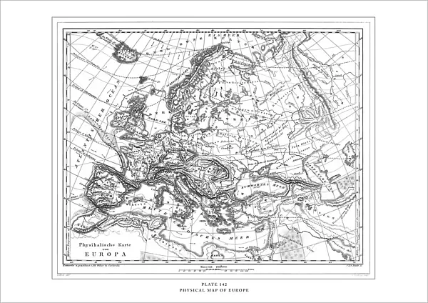 Physical Map of Europe Engraving Antique Illustration, Published 1851
