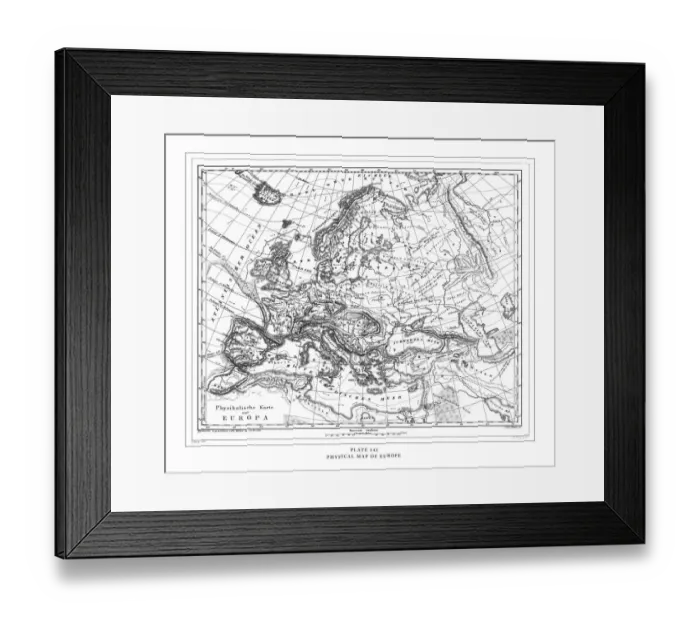 Framed Print : Physical Map of Europe Engraving Antique Illustration, Published 1851