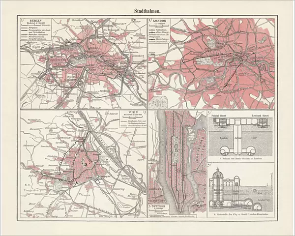 Historical light-rail plans: Berlin, Vienna, London, New York, lithograph, 1897