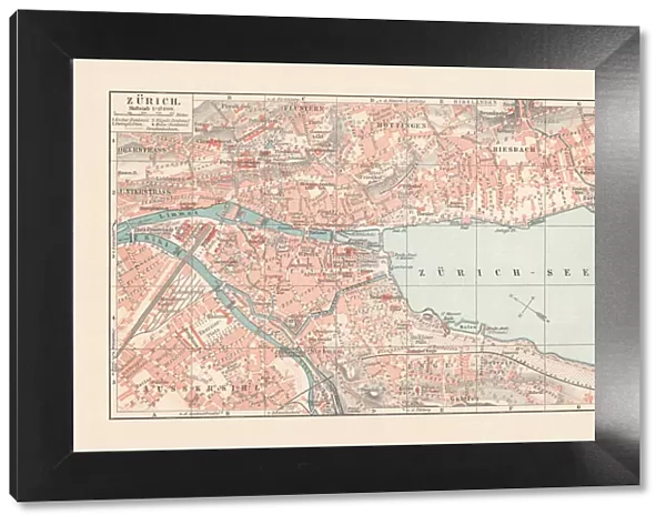 City map of Zurich, largest city of Switzerland, lithograph, 1897