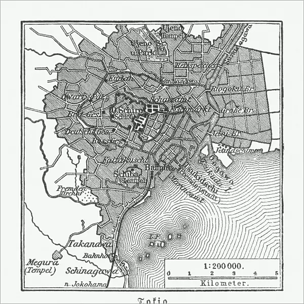 Historical city map of Tokyo, Japan, woodcut, published 1897