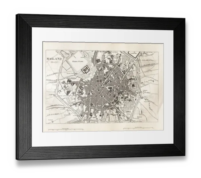 Framed Print : Engraving antique map of Milano Italy from 1851 Framed Print : Engraving antique map of Milano Italy from 1851