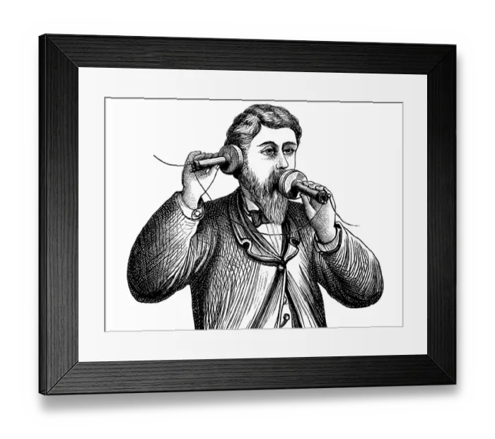 Framed Print : Engraving Alexander Graham Bell making a call on antique telephone Framed Print : Engraving Alexander Graham Bell making a call on antique telephone