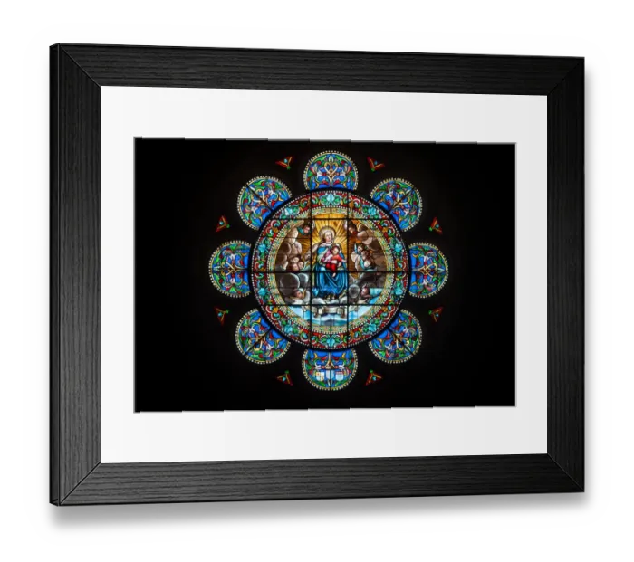 Framed Print : Stained Glass Rose Window featuring the Virgin Mary and her son Jesus Christ in Framed Print : Stained Glass Rose Window featuring the Virgin Mary and her son Jesus Christ in