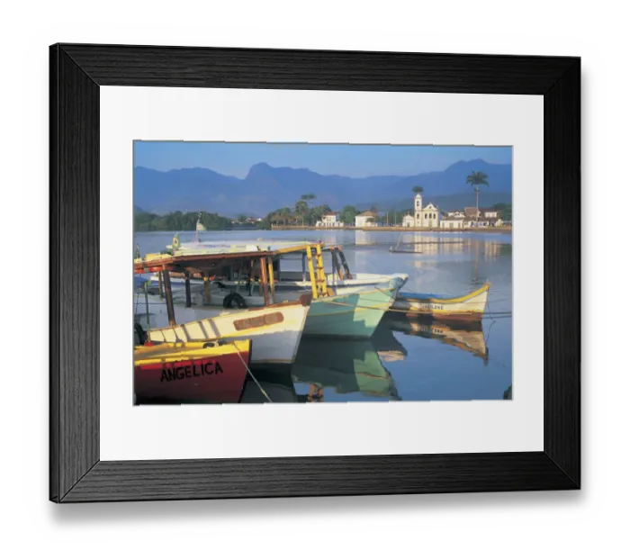 Framed Print : Brazil, Rio de Janeiro, Parati, boats moored in bay, town in background Framed Print : Brazil, Rio de Janeiro, Parati, boats moored in bay, town in background