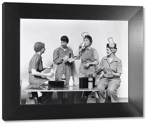 Four World War 2 Women Taking A Lunch Break All Wearing Coveralls & 2 Wearing Raised Face