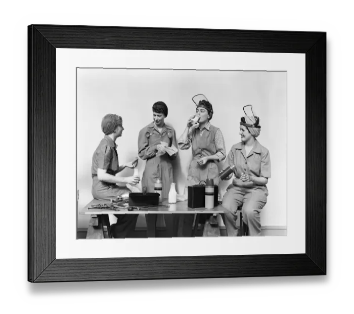 Framed Print : Four World War 2 Women Taking A Lunch Break All Wearing Coveralls & 2 Wearing Raised Face Framed Print : Four World War 2 Women Taking A Lunch Break All Wearing Coveralls & 2 Wearing Raised Face