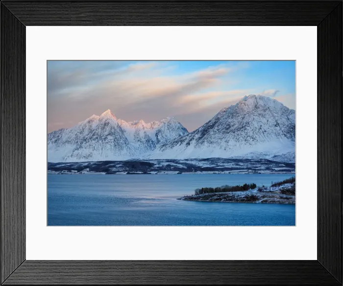 Framed Print : Purity. Fjord landscape with Lyngen Alps at Ullsfjord Framed Print : Purity. Fjord landscape with Lyngen Alps at Ullsfjord