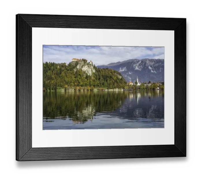Framed Print : Reflection of Bled Castle overlook Lake Bled, surrounded with high mountains of