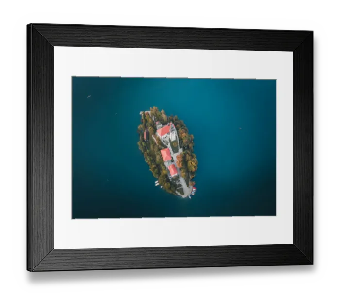 Framed Print : Aerial view of the Pilgrimage Church of the Assumption of Maria on Bled Island in Bled Framed Print : Aerial view of the Pilgrimage Church of the Assumption of Maria on Bled Island in Bled