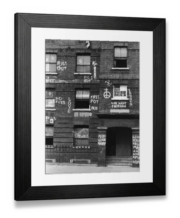 Framed Print : Graffiti. circa 1970: Anti-police and pro-drugs graffiti on the walls of Framed Print : Graffiti. circa 1970: Anti-police and pro-drugs graffiti on the walls of