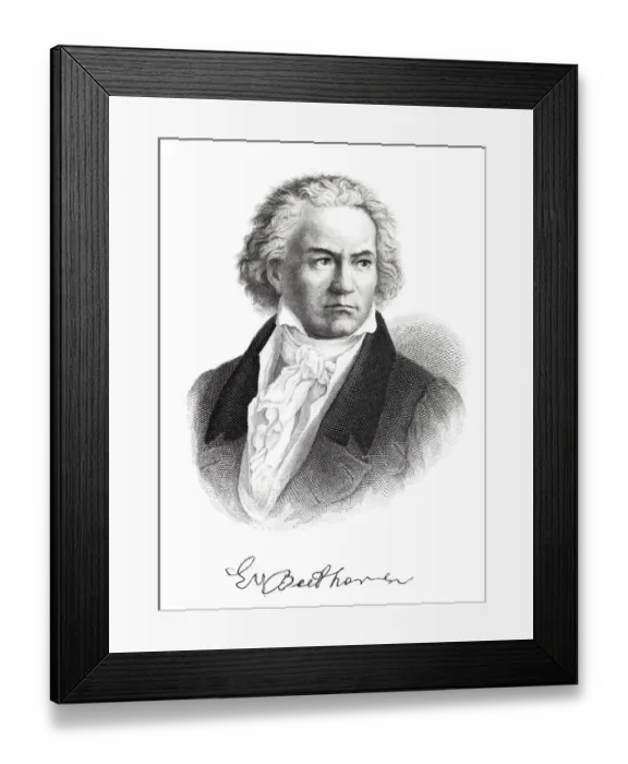 Framed Print : Engraving of composer Ludwig van Beethoven with signature from 1882 Framed Print : Engraving of composer Ludwig van Beethoven with signature from 1882