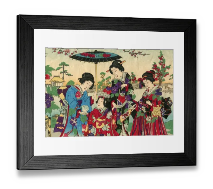 Framed Print : Geishas with princess and court ladies woodcut 1880 Framed Print : Geishas with princess and court ladies woodcut 1880