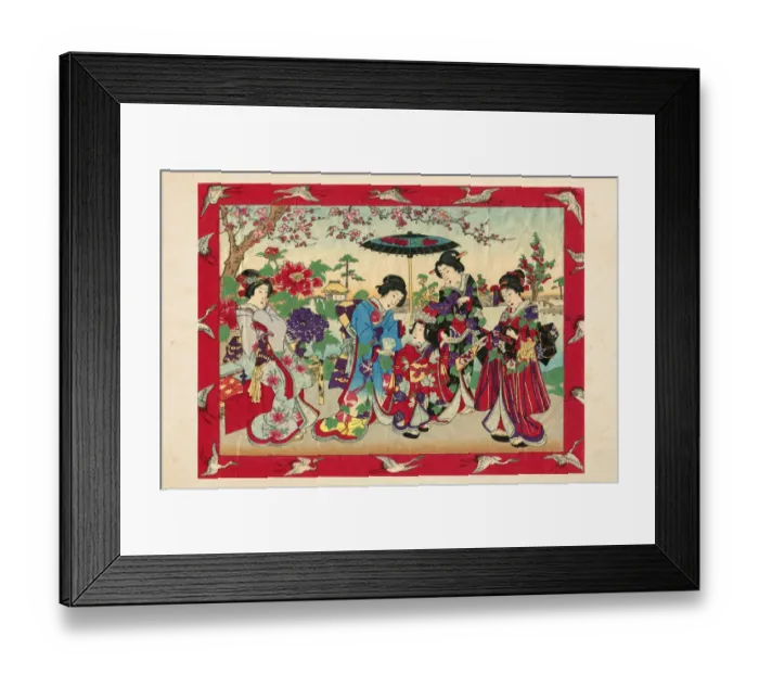 Framed Print : Geishas with princess and court ladies woodcut 1880 Framed Print : Geishas with princess and court ladies woodcut 1880