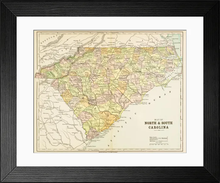 Framed Print : Map of North and South Carolina1883 Framed Print : Map of North and South Carolina1883