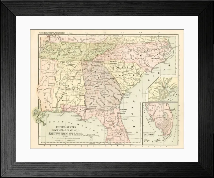 Framed Print : Map Southern States 1881 Framed Print : Map Southern States 1881