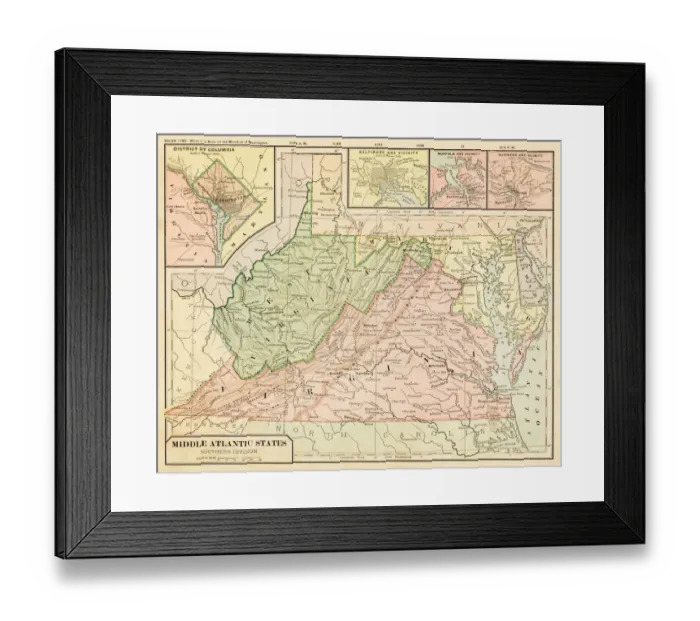 Framed Print : Map Middle Atlantic States 1899 Framed Print : Map Middle Atlantic States 1899
