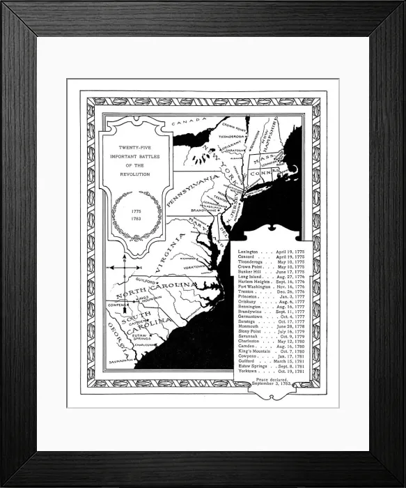 Framed Print : Twenty Five Important US Revolution Battles Framed Print : Twenty Five Important US Revolution Battles
