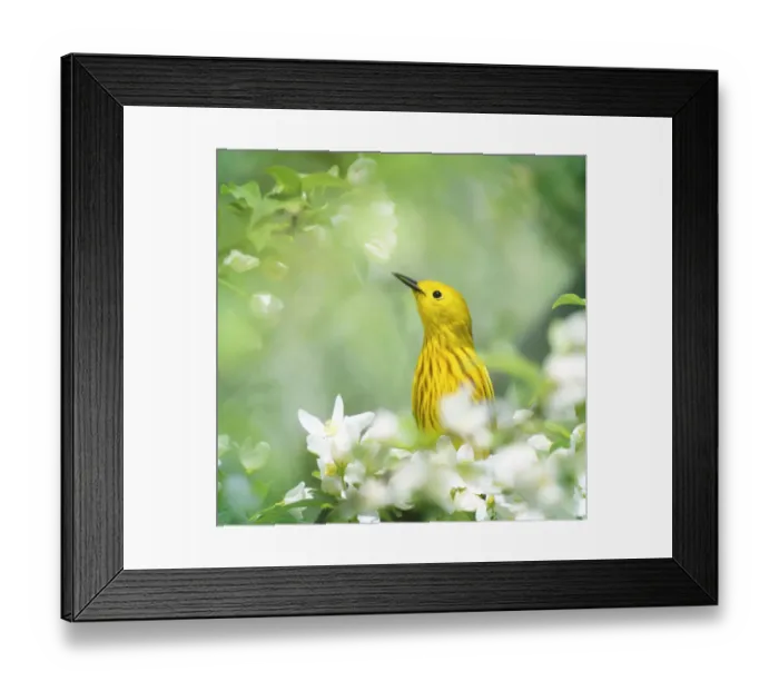Framed Print : Yellow Warbler Peeking Out Through Spring Flowers Framed Print : Yellow Warbler Peeking Out Through Spring Flowers