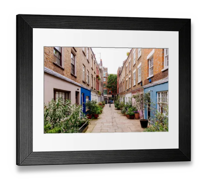Framed Print : Narrow street in Fitzrovia district, London, England, UK Framed Print : Narrow street in Fitzrovia district, London, England, UK