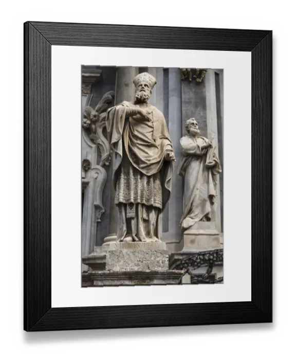 Framed Print : Statue of St. Peter, facade of cathedral. Catania