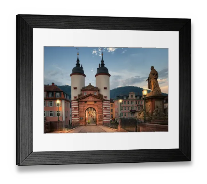 Framed Print : Illuminated Old Bridge Gate at Karl Theodor Bridge in Heidelberg, Baden-Wurttemberg