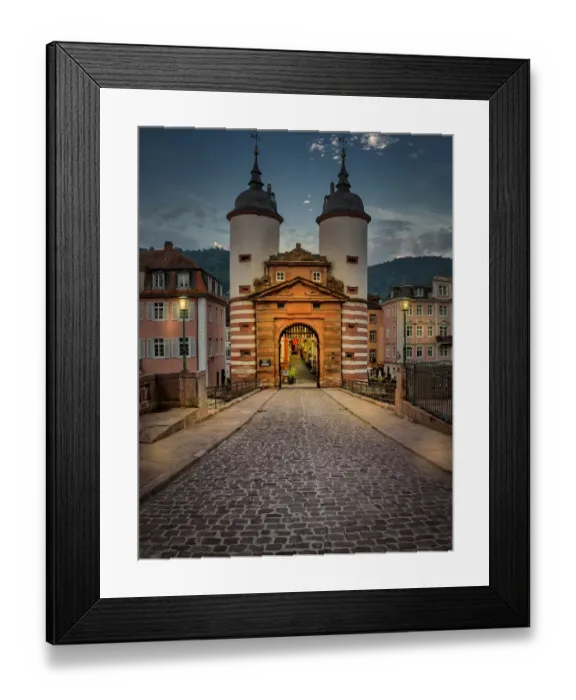 Framed Print : Illuminated Old Bridge Gate at Karl Theodor Bridge in Heidelberg, Baden-Wurttemberg Framed Print : Illuminated Old Bridge Gate at Karl Theodor Bridge in Heidelberg, Baden-Wurttemberg