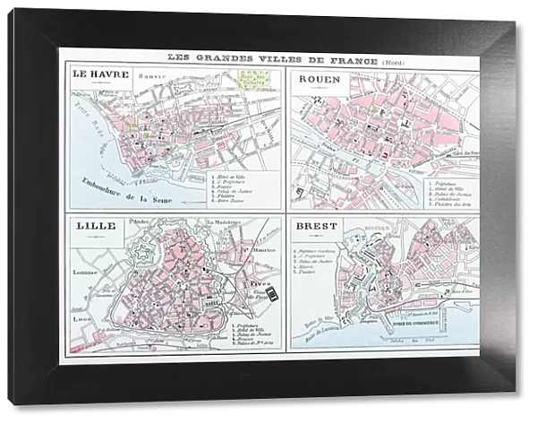 Antique map of French cities: Le Havre, Rouen, Lille, Brest