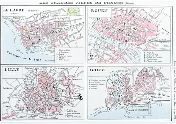 Antique map of French cities: Le Havre, Rouen, Lille, Brest
