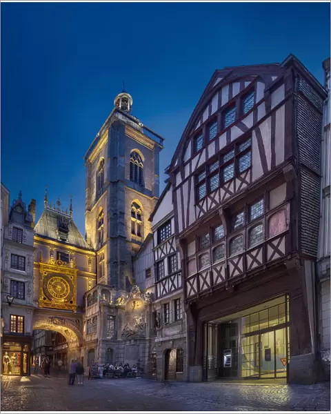 Medieval building and clock on Gros Horloge street in Rouen, France