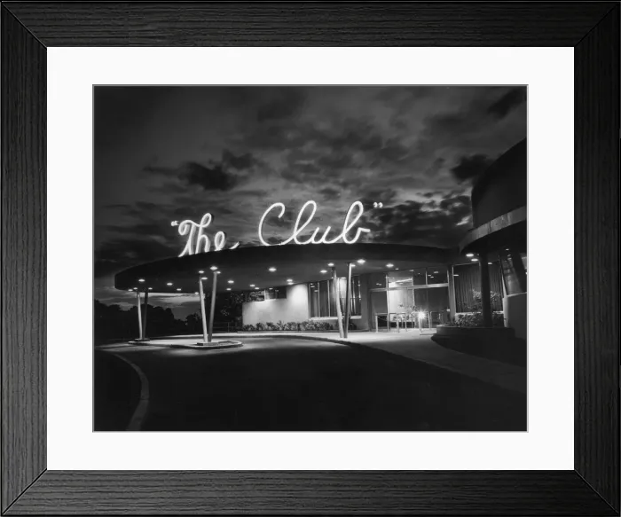 Framed Print : The Club. Exterior view of The Club, a private nightclub with a neon sign on its roof Framed Print : The Club. Exterior view of The Club, a private nightclub with a neon sign on its roof