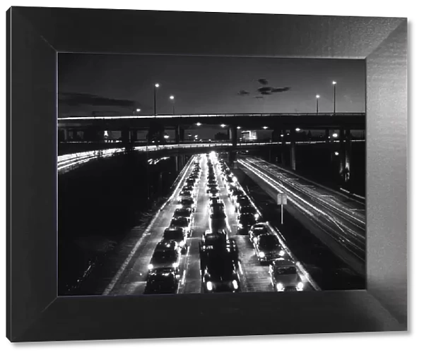 Rush Hour. View of a traffic jam at dusk?on a freeway in Los Angeles, California
