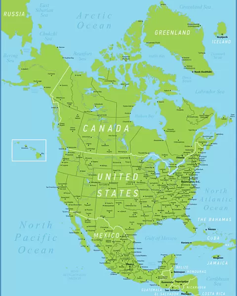 North America Green Map with United States, Canada, Mexico, geographical borders and rivers