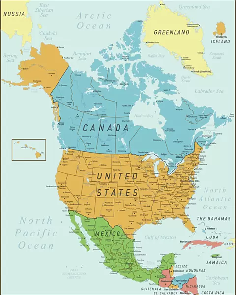North America Map. Vintage Map with United States, Canada, Mexico and rivers