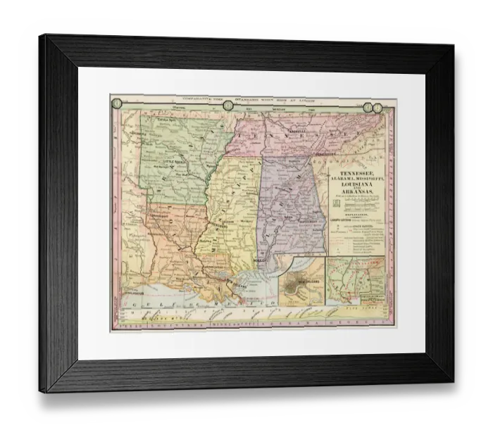 Framed Print : Map of Tennessee, Alabama, Louisiana states 1886 Framed Print : Map of Tennessee, Alabama, Louisiana states 1886