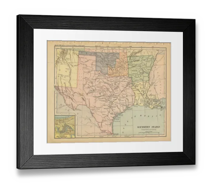 Framed Print : Southern United States Antique Victorian Engraved Colored Map, 1899