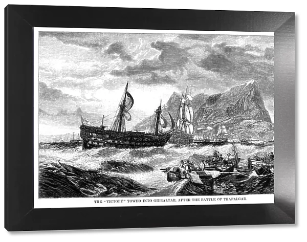 The damaged HMS Victory being towed into Gibraltar after the Battle of Trafalgar, 1805