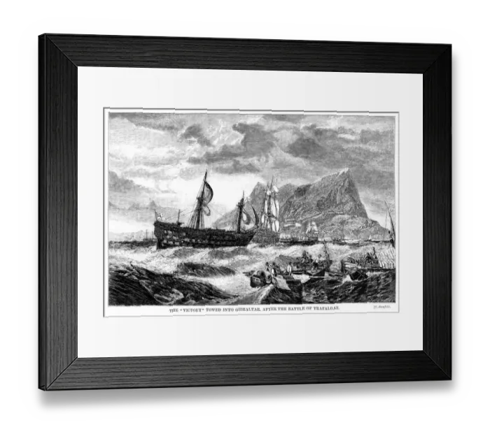 Framed Print : The damaged HMS Victory being towed into Gibraltar after the Battle of Trafalgar, 1805 Framed Print : The damaged HMS Victory being towed into Gibraltar after the Battle of Trafalgar, 1805
