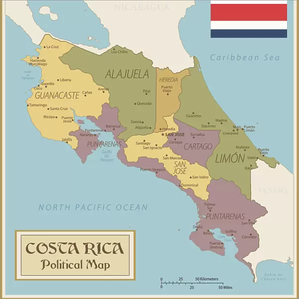 Political Map of Costa Rica with Flag