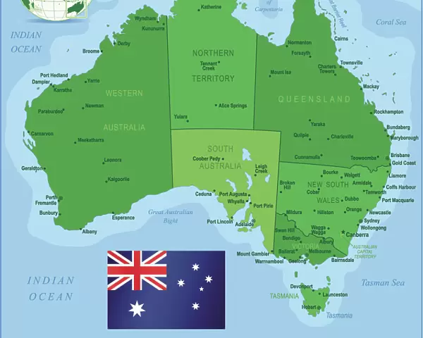 Map of Australia with states, cities and flag