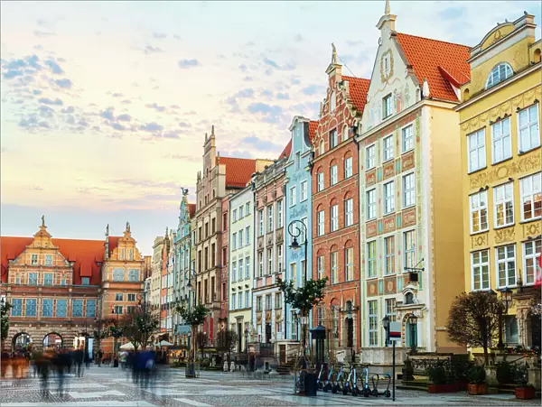 Winter cityscape of old town street of Gdansk with colorful building facades during